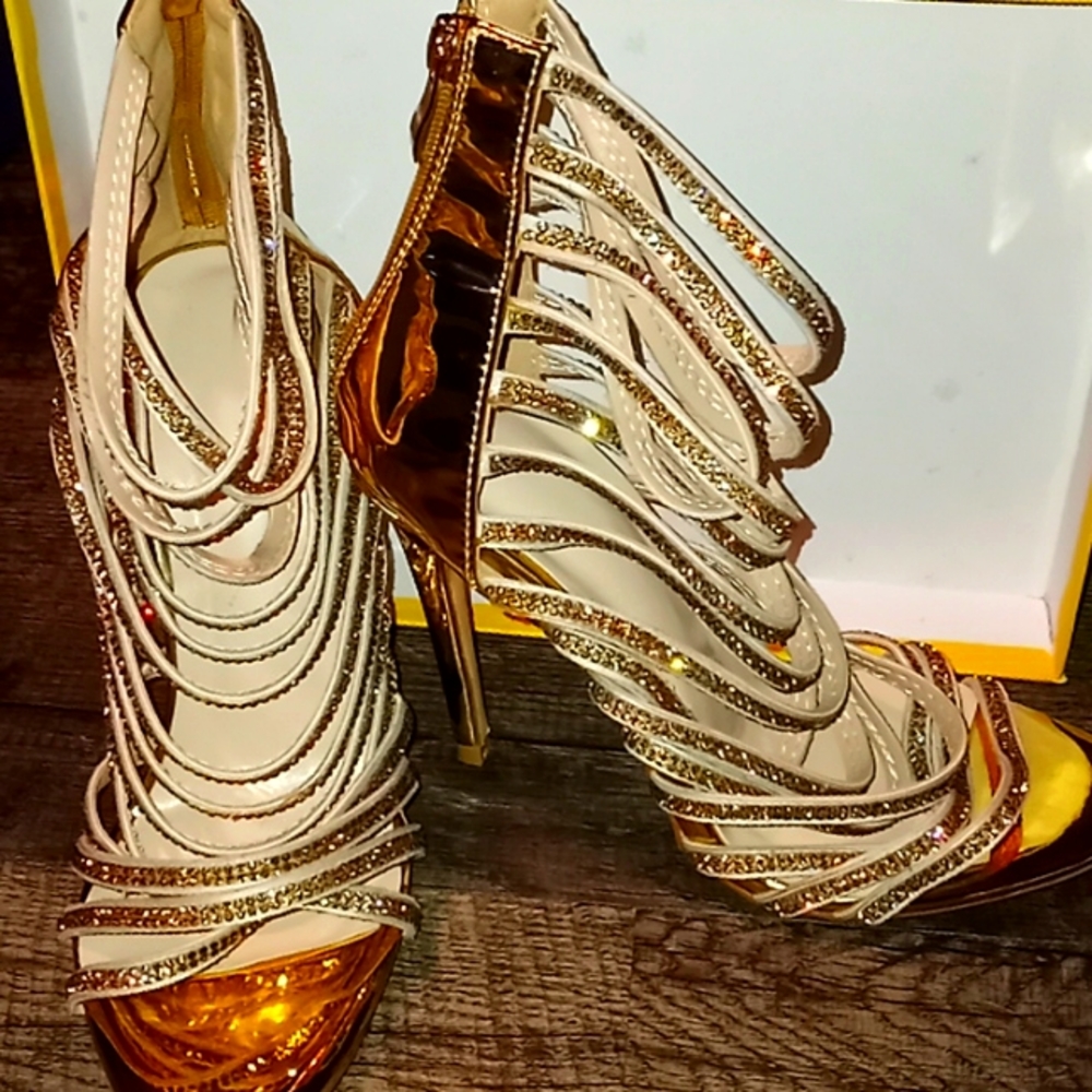 Gold rhinestone heels